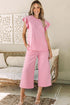 Pearl Beaded Ruffle Sleeve Textured Wide Leg Pant Sets