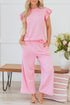 Pearl Beaded Ruffle Sleeve Textured Wide Leg Pant Sets