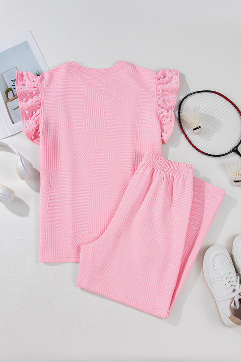 Pearl Beaded Ruffle Sleeve Textured Wide Leg Pant Sets