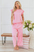 Pearl Beaded Ruffle Sleeve Textured Wide Leg Pant Sets