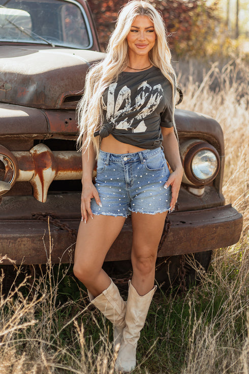 Pearl Beaded Washed Raw Hem Western Denim Shorts