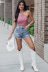 Pearl Beaded Washed Raw Hem Western Denim Shorts