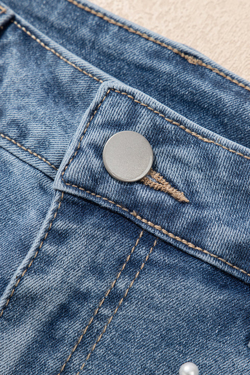 Pearl Beaded Washed Raw Hem Western Denim Shorts