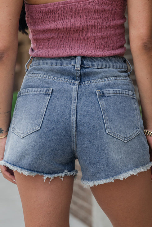 Pearl Beaded Washed Raw Hem Western Denim Shorts