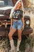 Pearl Beaded Washed Raw Hem Western Denim Shorts