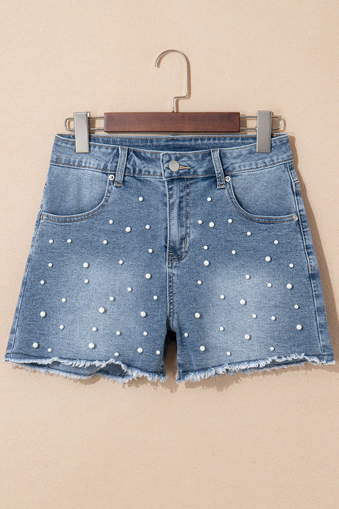 Pearl Beaded Washed Raw Hem Western Denim Shorts