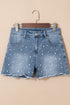 Pearl Beaded Washed Raw Hem Western Denim Shorts