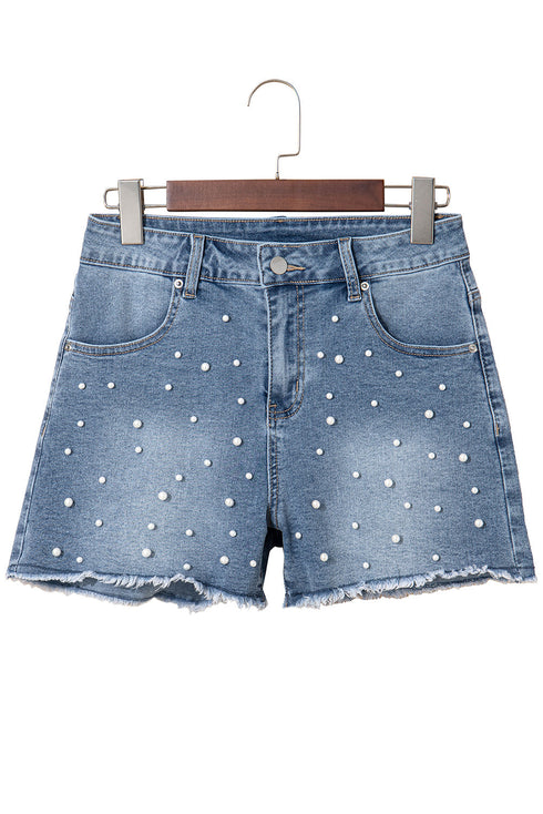 Pearl Beaded Washed Raw Hem Western Denim Shorts