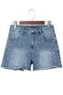 Pearl Beaded Washed Raw Hem Western Denim Shorts