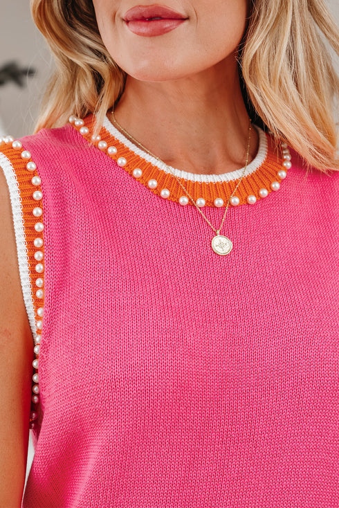 Pearl Detail Sleeveless Crew Neck Knit Vest
