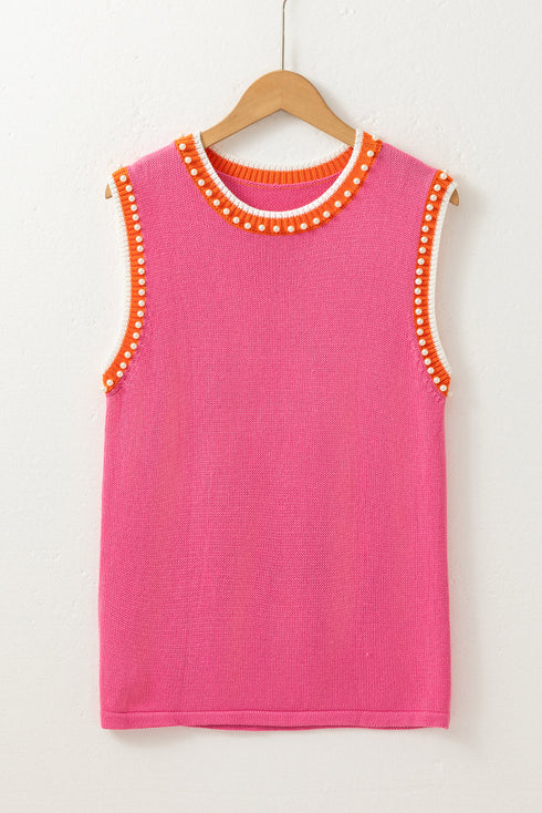 Pearl Detail Sleeveless Crew Neck Knit Vest