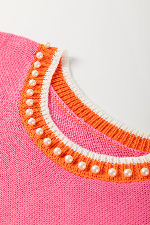 Pearl Detail Sleeveless Crew Neck Knit Vest