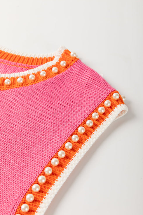 Pearl Detail Sleeveless Crew Neck Knit Vest
