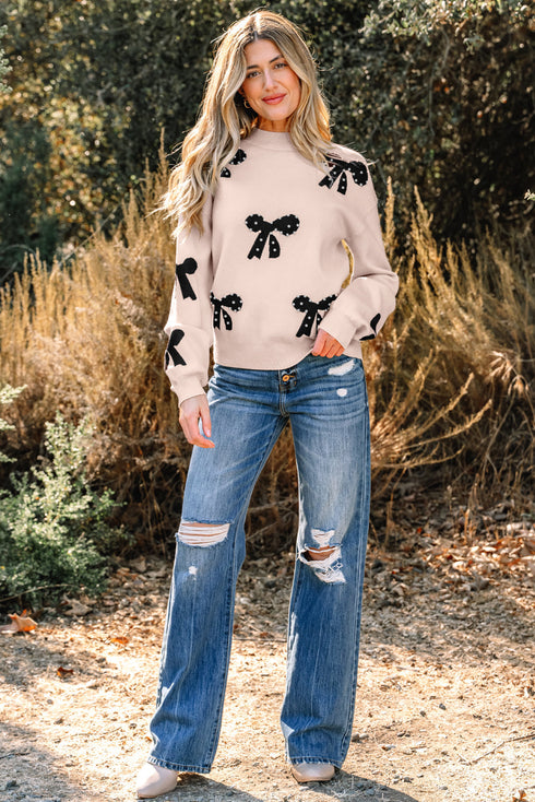 Pearl Embellished Bow Applique Mock Neck Sweater