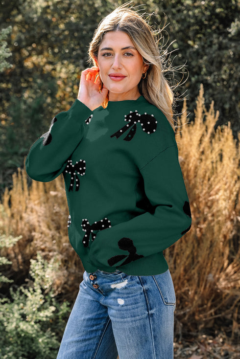Pearl Embellished Bow Applique Mock Neck Sweater