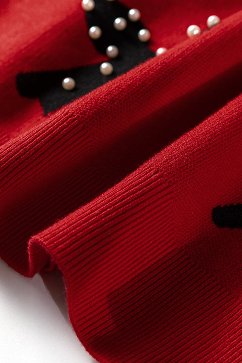 Pearl Embellished Bow Applique Mock Neck Sweater
