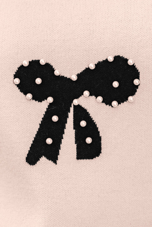 Pearl Embellished Bow Applique Mock Neck Sweater