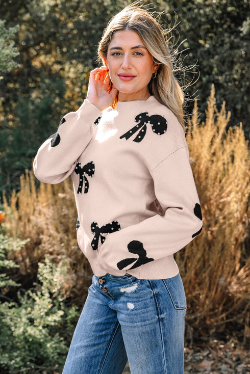 Pearl Embellished Bow Applique Mock Neck Sweater