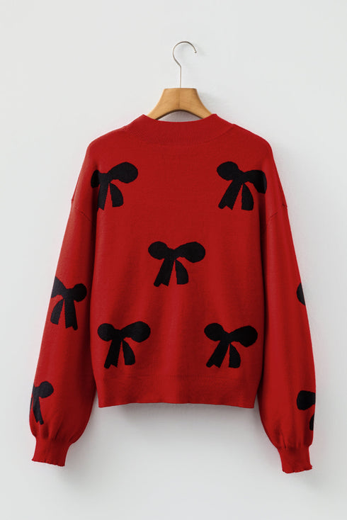 Pearl Embellished Bow Applique Mock Neck Sweater