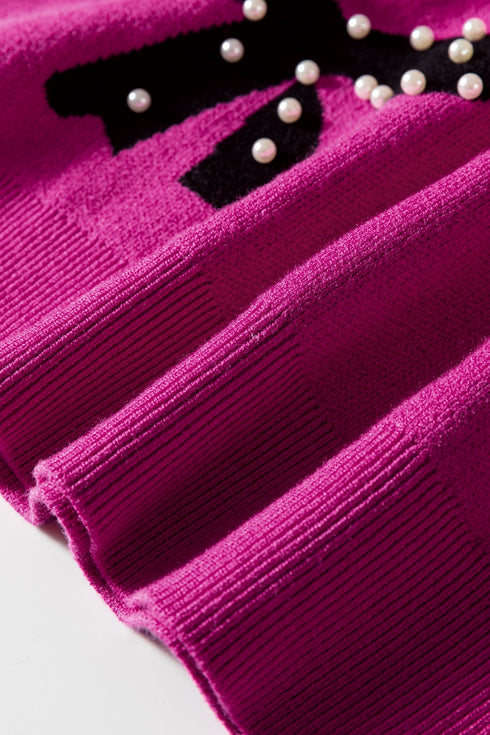 Pearl Embellished Bow Applique Mock Neck Sweater
