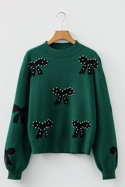 Pearl Embellished Bow Applique Mock Neck Sweater