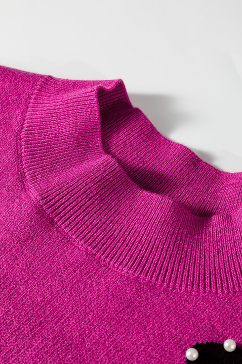 Pearl Embellished Bow Applique Mock Neck Sweater