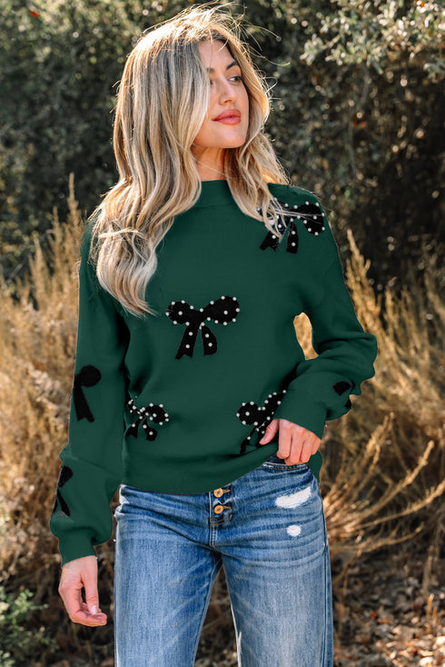Pearl Embellished Bow Applique Mock Neck Sweater