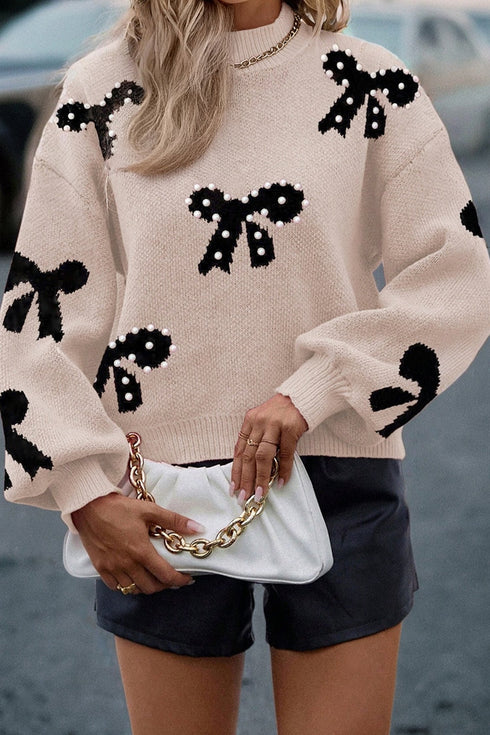 Pearl Embellished Bow Applique Mock Neck Sweater