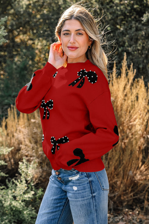 Pearl Embellished Bow Applique Mock Neck Sweater