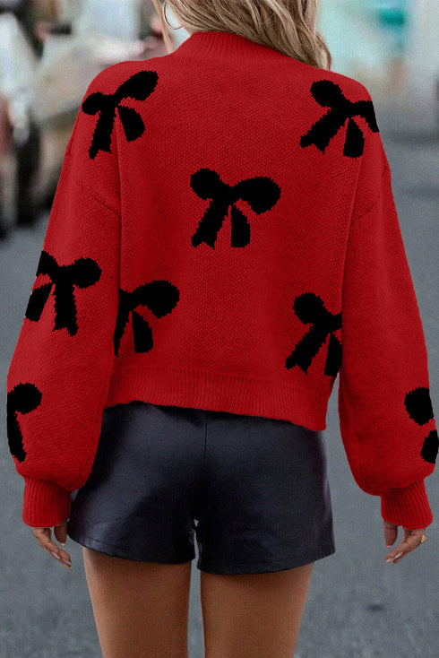 Pearl Embellished Bow Applique Mock Neck Sweater