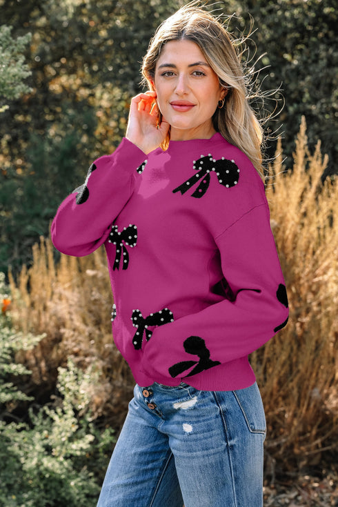 Pearl Embellished Bow Applique Mock Neck Sweater
