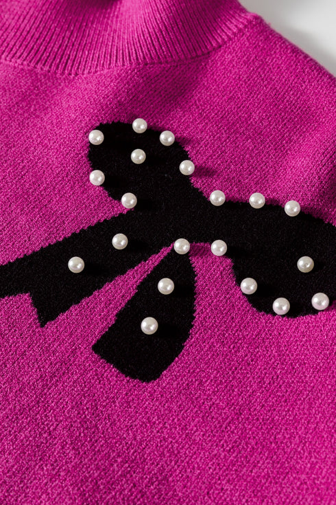 Pearl Embellished Bow Applique Mock Neck Sweater