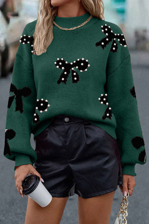 Pearl Embellished Bow Applique Mock Neck Sweater