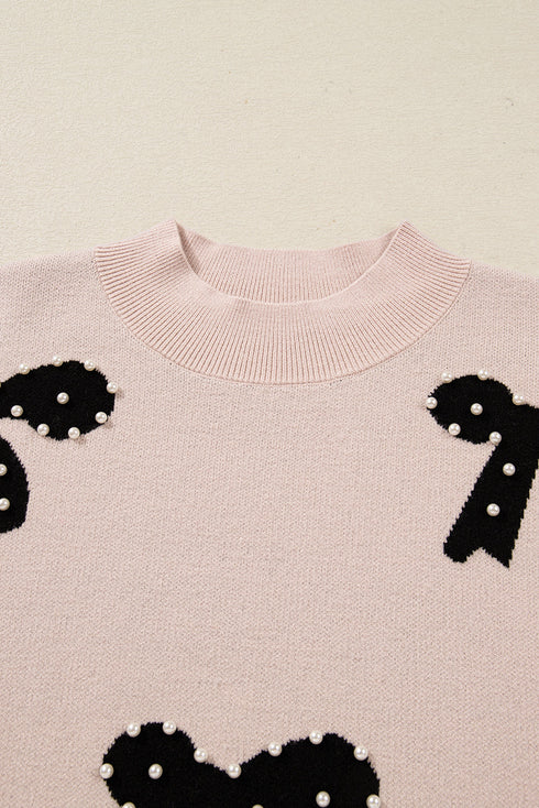Pearl Embellished Bow Pattern Drop Shoulder Rib Trim Pullover Sweater