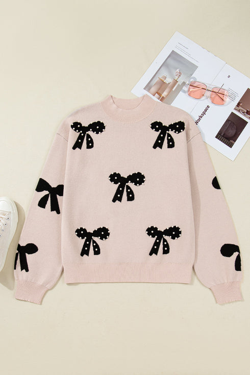 Pearl Embellished Bow Pattern Drop Shoulder Rib Trim Pullover Sweater