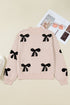 Pearl Embellished Bow Pattern Drop Shoulder Rib Trim Pullover Sweater