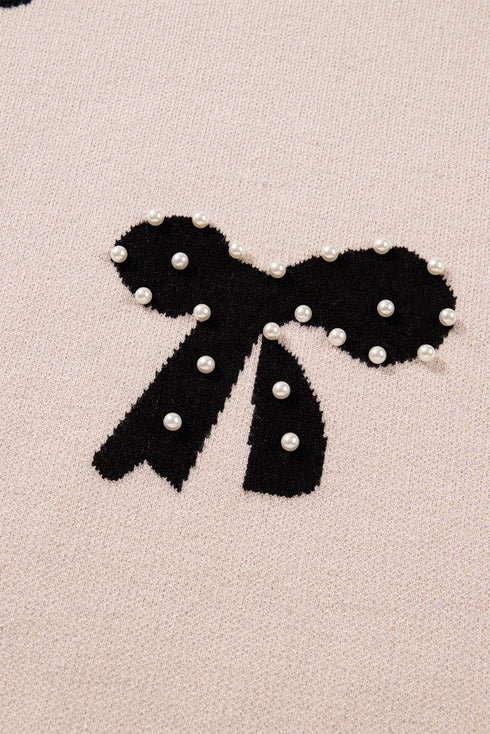 Pearl Embellished Bow Pattern Drop Shoulder Rib Trim Pullover Sweater