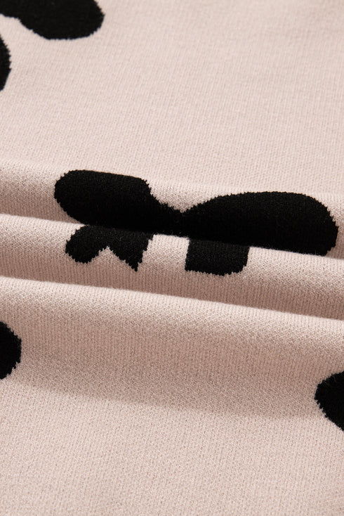 Pearl Embellished Bow Pattern Drop Shoulder Rib Trim Pullover Sweater