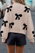 Pearl Embellished Bow Pattern Drop Shoulder Rib Trim Pullover Sweater