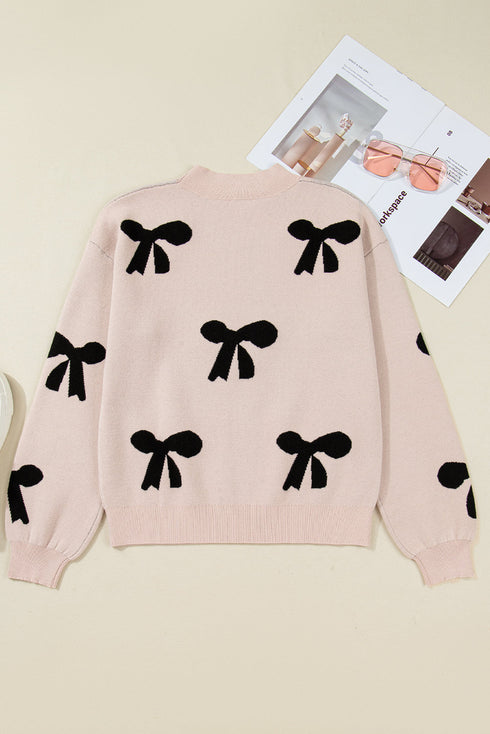 Pearl Embellished Bow Pattern Drop Shoulder Rib Trim Pullover Sweater