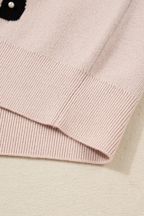 Pearl Embellished Bow Pattern Drop Shoulder Rib Trim Pullover Sweater