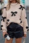 Pearl Embellished Bow Pattern Drop Shoulder Rib Trim Pullover Sweater