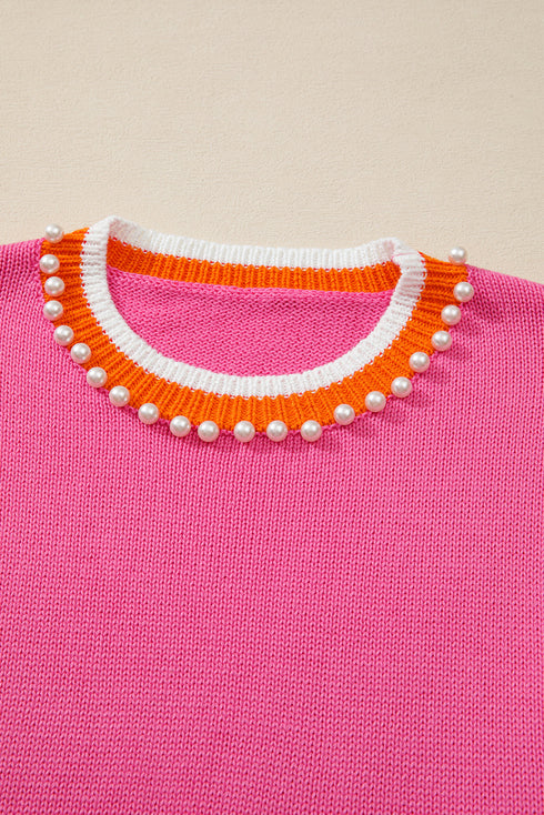Pearl Embellished Contrast Trim Plush Knit Sweater