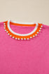Pearl Embellished Contrast Trim Plush Knit Sweater