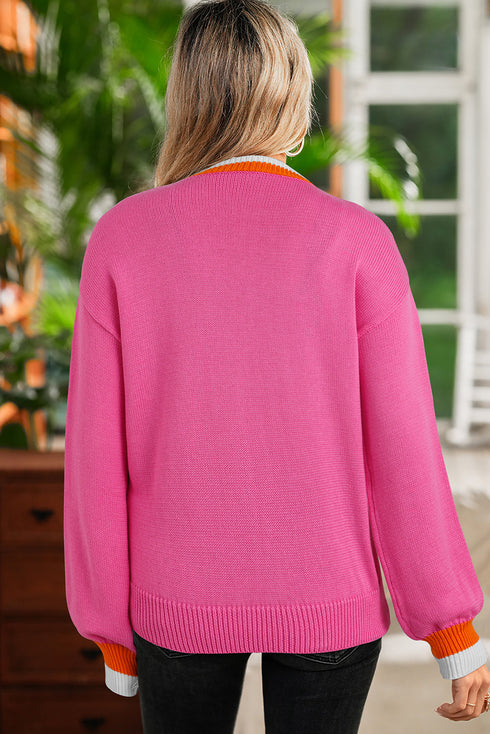 Pearl Embellished Contrast Trim Plush Knit Sweater