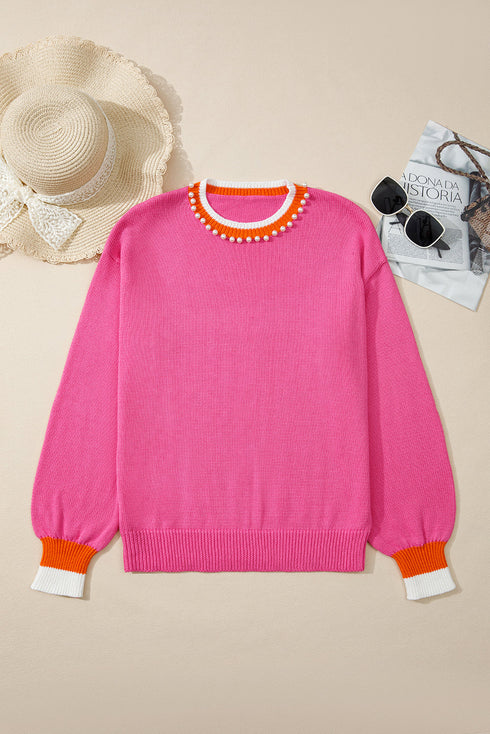 Pearl Embellished Contrast Trim Plush Knit Sweater