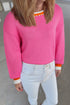 Pearl Embellished Contrast Trim Plush Knit Sweater