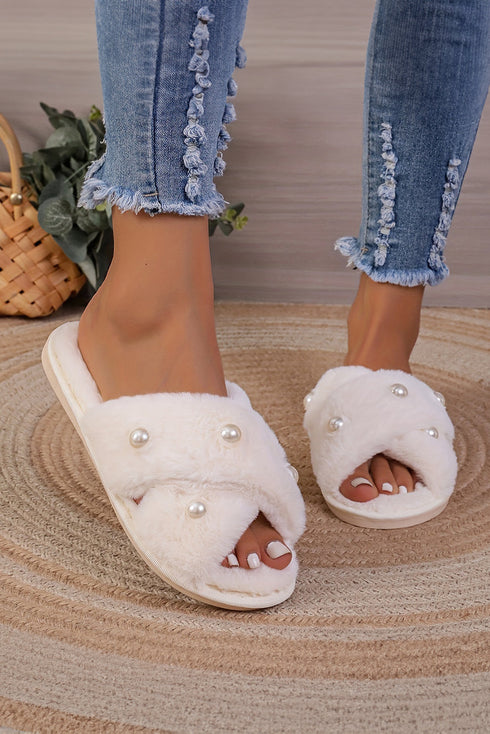 Pearl Embellished Criss Cross Plush Fleece House Slippers