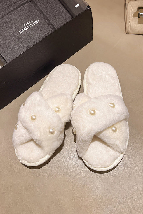 Pearl Embellished Criss Cross Plush Fleece House Slippers