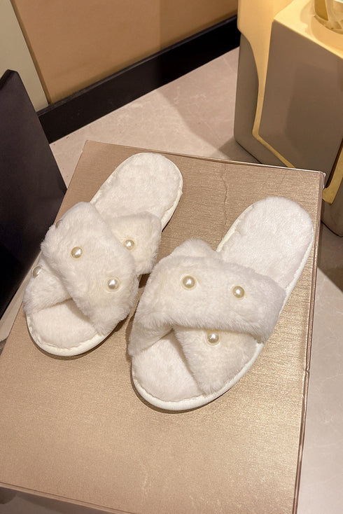 Pearl Embellished Criss Cross Plush Fleece House Slippers